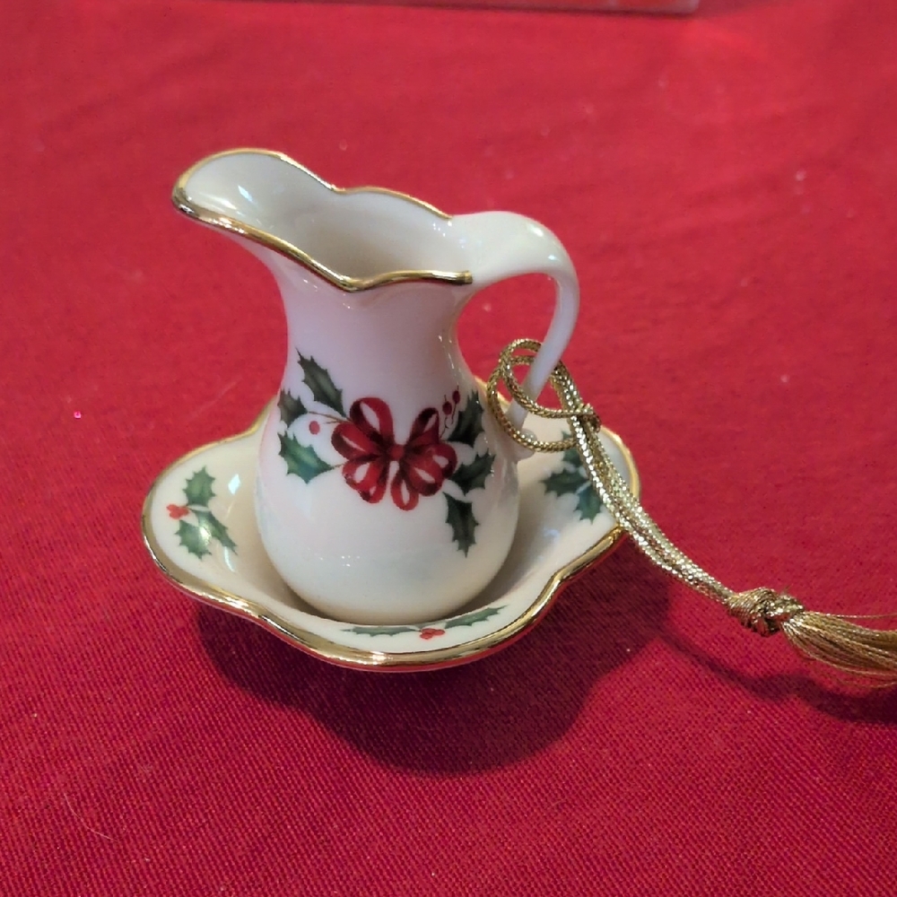 Festive Holiday Pitcher and Saucer with Gold Trim